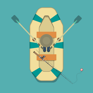 图像在平面样式 渔夫 小船，一个渔夫钓鱼