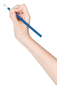蓝色的铅笔上白色孤立手草稿