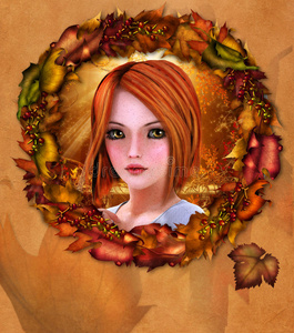 红发女孩的画像，戴着秋天的花环