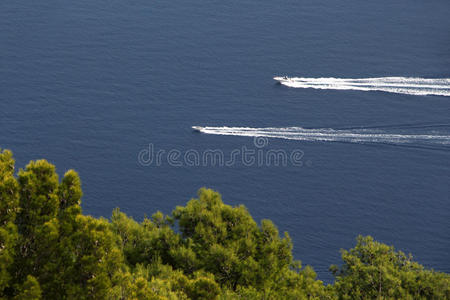 两艘摩托艇迎着蓝色的大海和树木