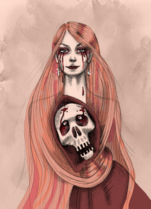 美丽的女孩用头发勒死照片