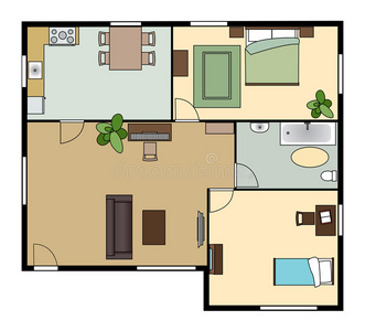 详细的布局的现代公寓.矢量蓝图平面布置图与俯视图的家具.
