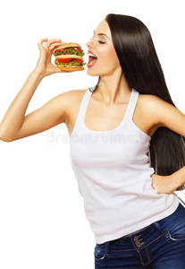 可爱的女孩在吃大汉堡