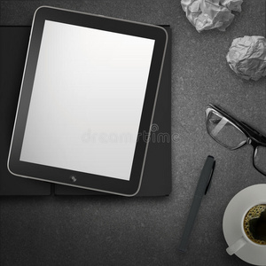 3d空平板电脑和一杯带记事本的咖啡