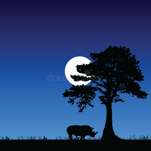 树下月亮下的犀牛