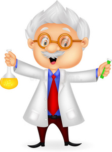 拿着化学烧瓶的卡通科学家照片