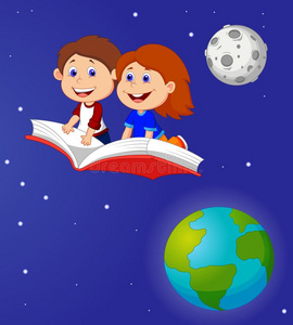 卡通男孩和女孩在书上飞翔