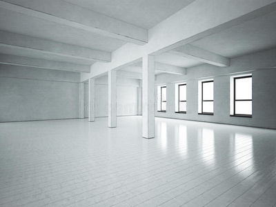 阁楼空间。灰色混凝土墙。木地板。