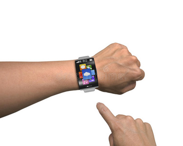 弯曲屏幕智能手表的手动手指点应用图标