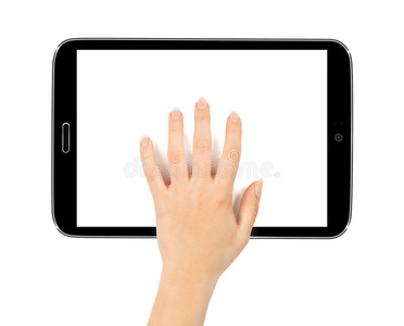 女性青少年手使用白色屏幕平板电脑，