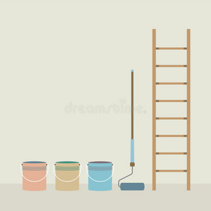 梯子油漆辊和油漆桶家装