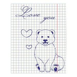 用墨水画熊和心的笔记本纸插图。