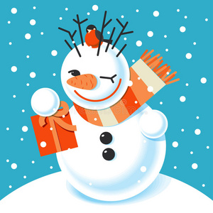 雪人的矢量图卡通雪人角色可爱的雪人戴着冬帽和带金铃的围巾惊喜概念