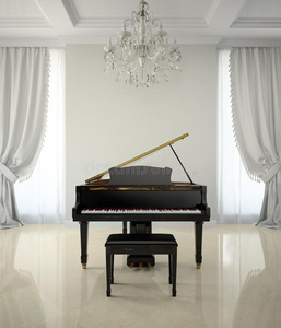 古典风格的房间，配有钢琴和钱德勒3d渲染