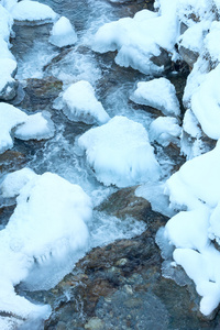 有雪的冬季溪流特写