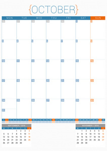 日历计划 2016年设计模板。10 月。每周从星期一开始