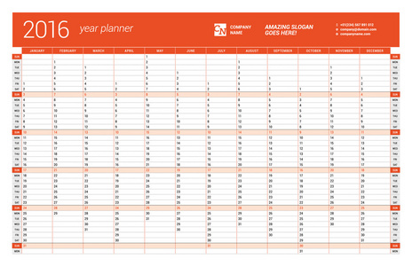 红色的日历企划 2016 年。矢量设计打印模板。周从星期日开始