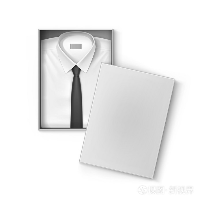 白色经典的男士衬衫配黑色领带在包装盒