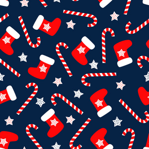 无缝圣诞图案与圣诞节袜子 星星和糖果。快乐的新年和圣诞快乐的背景。寒假的矢量设计