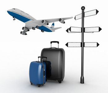 路标，手提箱和飞机。旅游概念
