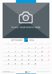 2016年9月。2016年墙壁月日历。 向量