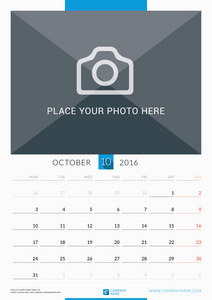 2016年10月。2016年墙壁月日历。 矢量设计