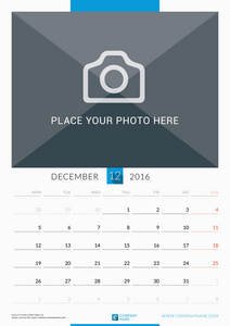 2016年12月。2016年墙壁月日历。 矢量图