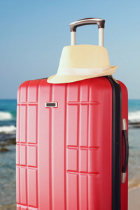 在海红优雅旅行行李和软呢帽的形象。旅游和度假的概念
