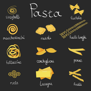 手绘向量集的不同的意大利面食类型