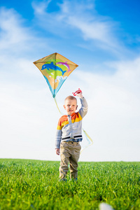 年轻男孩玩耍着他的风筝在绿色的原野