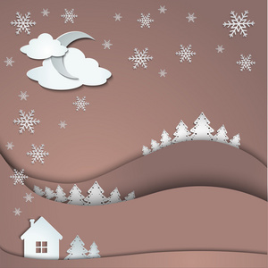 冬天的雪花树房子贴纸背景
