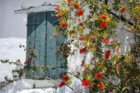 用鲜花，扎金索斯岛的中世纪房屋的窗户