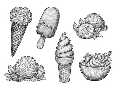 集合的手画水墨写生的冰激淋图片