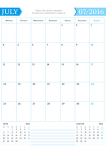 2016 年 7 月。2016 年的月度日历计划。矢量设计打印模板与笔记的地方。每周从星期一开始。纵向