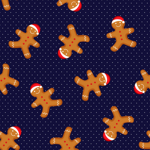 姜饼人装饰的圣诞帽子上的波尔卡圆点背景。无缝矢量模式为新年元旦 圣诞节 寒假，烹饪，除夕 食品等