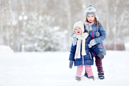 两个小姐妹在冬季公园