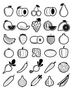 矢量黑色和白色水果和蔬菜的图标
