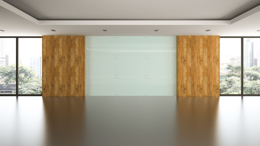 玻璃面板墙 3d 渲染空旷的房间里