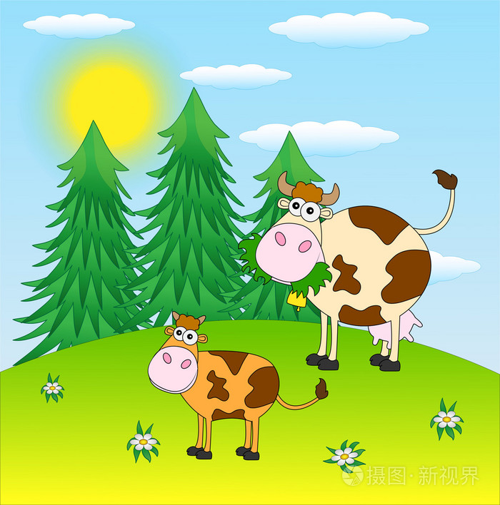 斑点的牛在草地上吃草插画-正版商用图片1k2ddb-摄图新视界