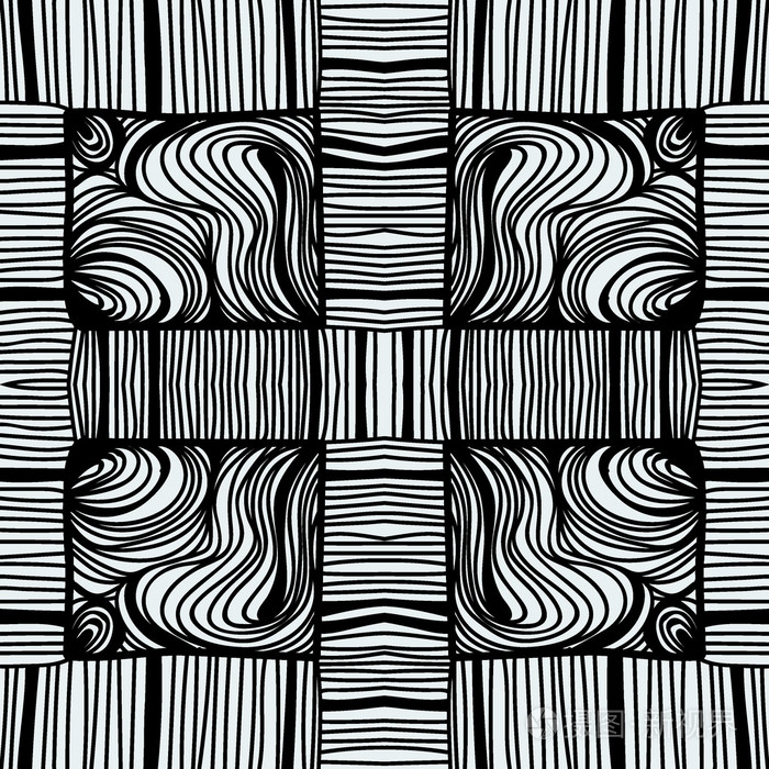 无缝的单色卷曲抽象涂鸦图案-黑色和白色设计