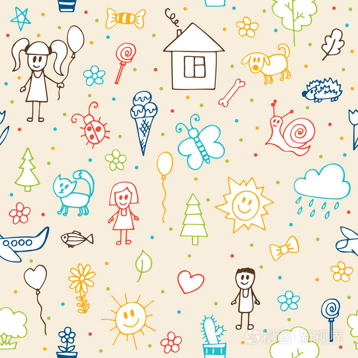 手绘儿童图纸无缝图案. 涂鸦儿童d