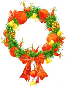 圣诞花环和装饰松果，圣诞星，圣诞树装饰。祝贺卡的的背景。圣诞节和新年的水彩背景。水彩插图