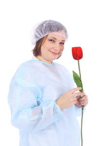 年轻的医生，与红色的花