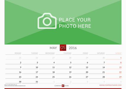 墙体为 2016 年的月历。矢量设计打印模板。每周从星期一开始。横向打印。5 月