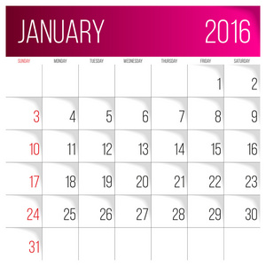 1 月 2016年规划日历
