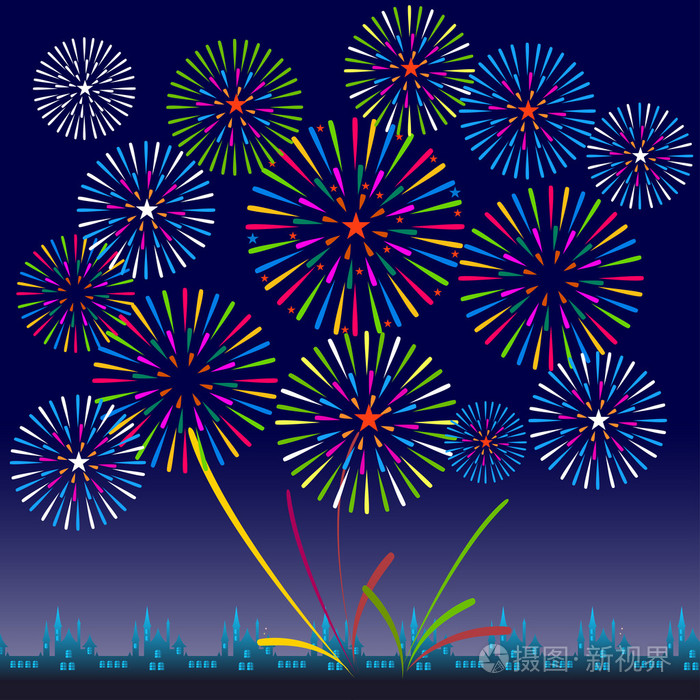 新的一年的烟花汇演和所有庆祝矢量图