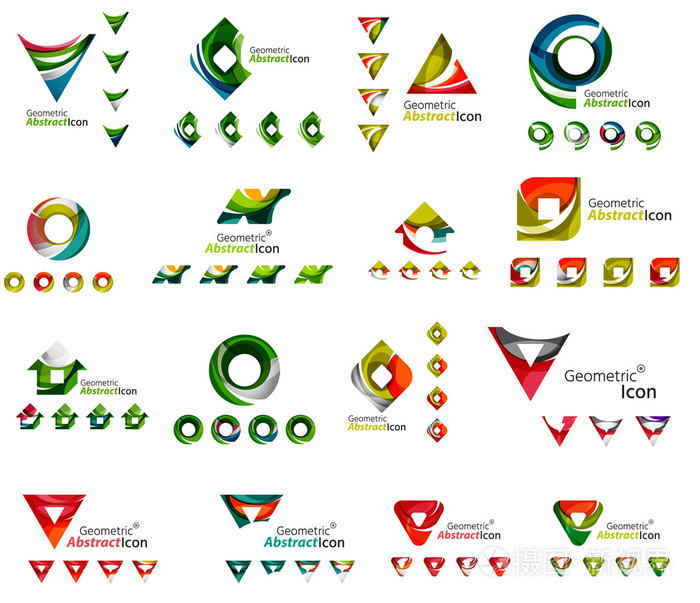 组的各种几何图标-矩形三角形正方形圈子或漩涡,创建与流动的波浪要素