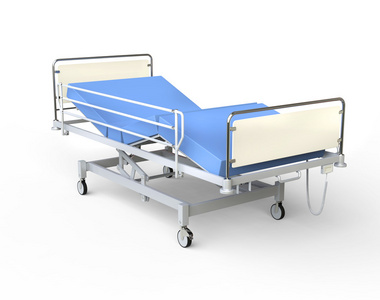 医院的病床上有蓝色的床上用品右视图