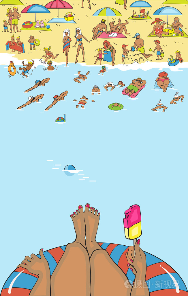 人们放松 日光浴 游泳.轻拍在沙滩上的波浪.模板的海报