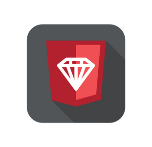 ruby 编程语言 web 发展的盾牌标志钻石的插图。与长长的影子在白色孤立简单平红色图标